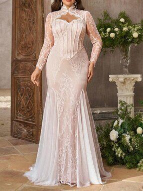 White Preppy Women's Floral Pattern Ruffle Sheer Sleeves Mermaid Wedding Dress